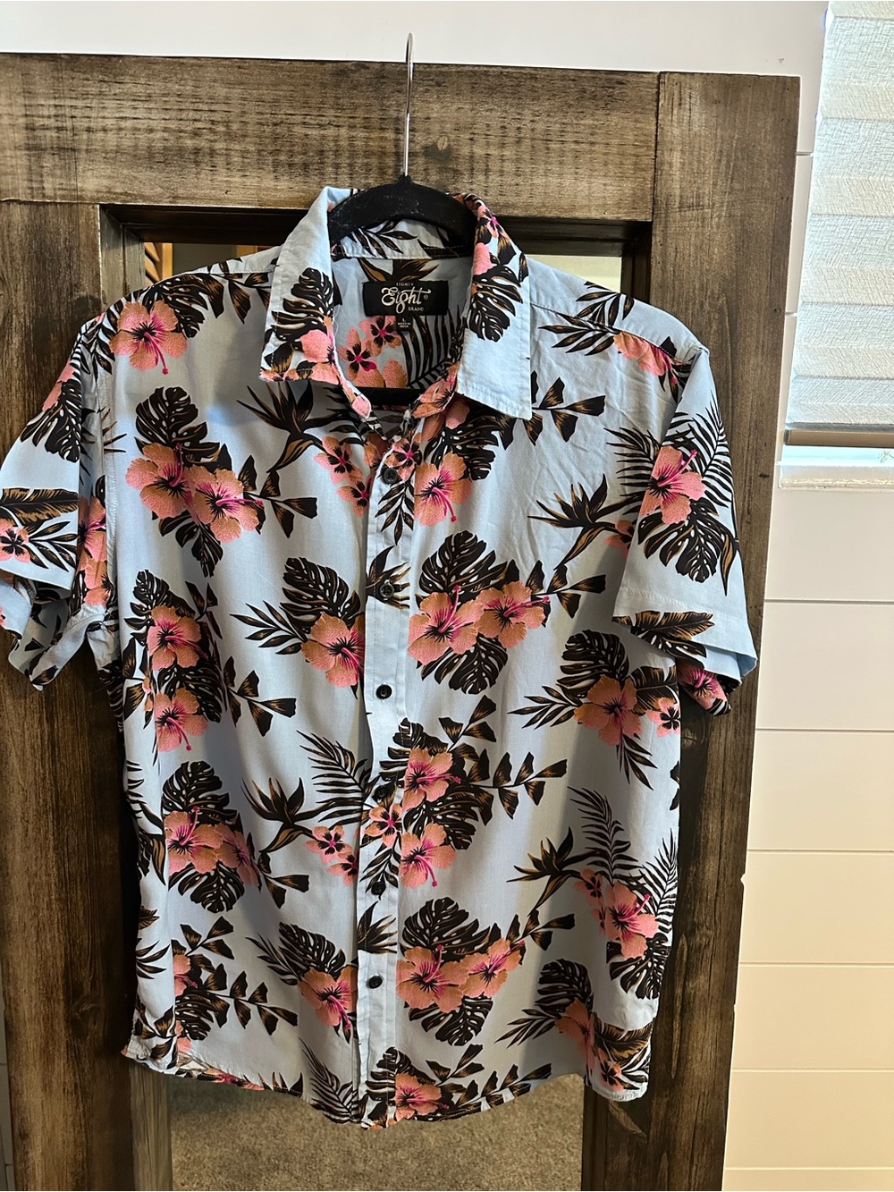 Eighty Eight Mens Hawaiian Shirt Large Blue Pink Floral Tropical Button Front